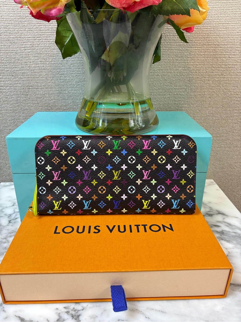 Louis Vuitton Black Murakami Insolite Wallet w/ Neon Green - Pristine Pre-Loved